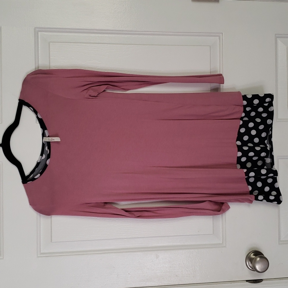 Celeste tunic,  pink with black polka dot, button detail on back,  size small
